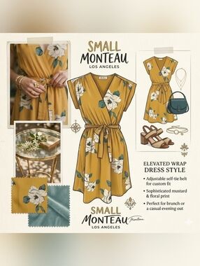 Monteau Los Angeles Floral Wrap Dress Sz S Mustard Yellow Tie Waist Boho Mini